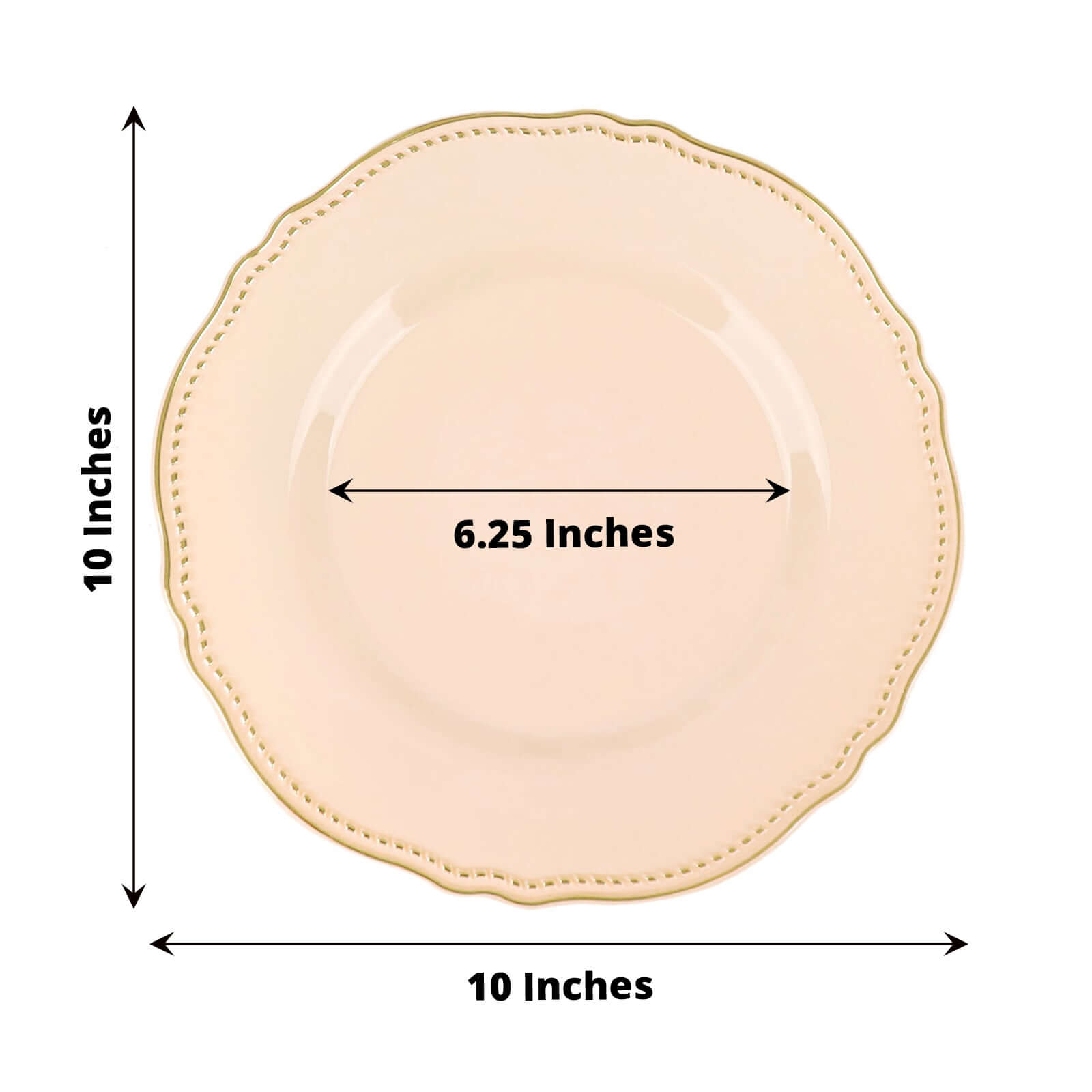10-Pack Plastic 10" Dinner Plates in Nude with Gold Scalloped Rim - Disposable Large Party Plates