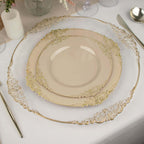10-Pack Plastic 10" Round Dinner Plates in Taupe with Gold Leaf Embossed Rim - Disposable Vintage Baroque Style Plates