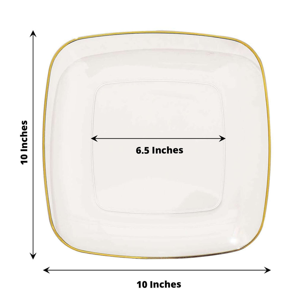 10-Pack Plastic 10" Square Dinner Plates in Clear with Gold Rim - Classy Disposable Lunch Party Plates