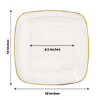 10-Pack Plastic 10" Square Dinner Plates in Clear with Gold Rim - Classy Disposable Lunch Party Plates