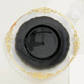 10-Pack Plastic 10" Dinner Plates in Black with Gold Scalloped Rim - Disposable Large Party Plates