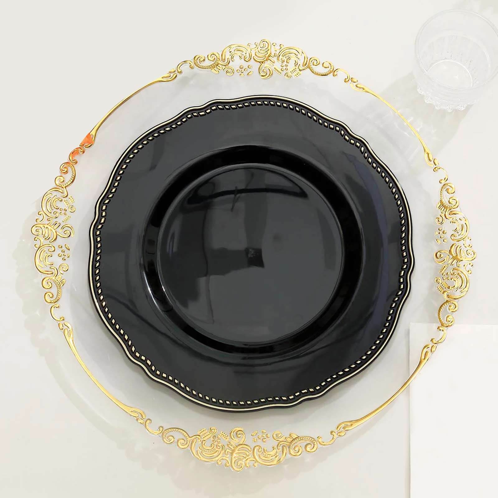 10-Pack Plastic 10" Dinner Plates in Black with Gold Scalloped Rim - Disposable Large Party Plates