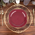 10-Pack Plastic 10" Round Dinner Plates in Burgundy with Gold Leaf Embossed Rim - Disposable Vintage Baroque Style Plates