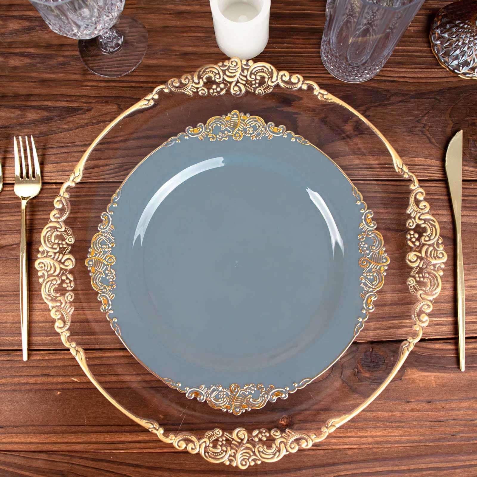 10-Pack Plastic 10" Round Dinner Plates in Dusty Blue with Gold Leaf Embossed Rim - Disposable Vintage Baroque Style Plates