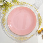 10-Pack Plastic 10" Round Dinner Plates in Dusty Rose with Gold Rim - Glossy Disposable Party Plates