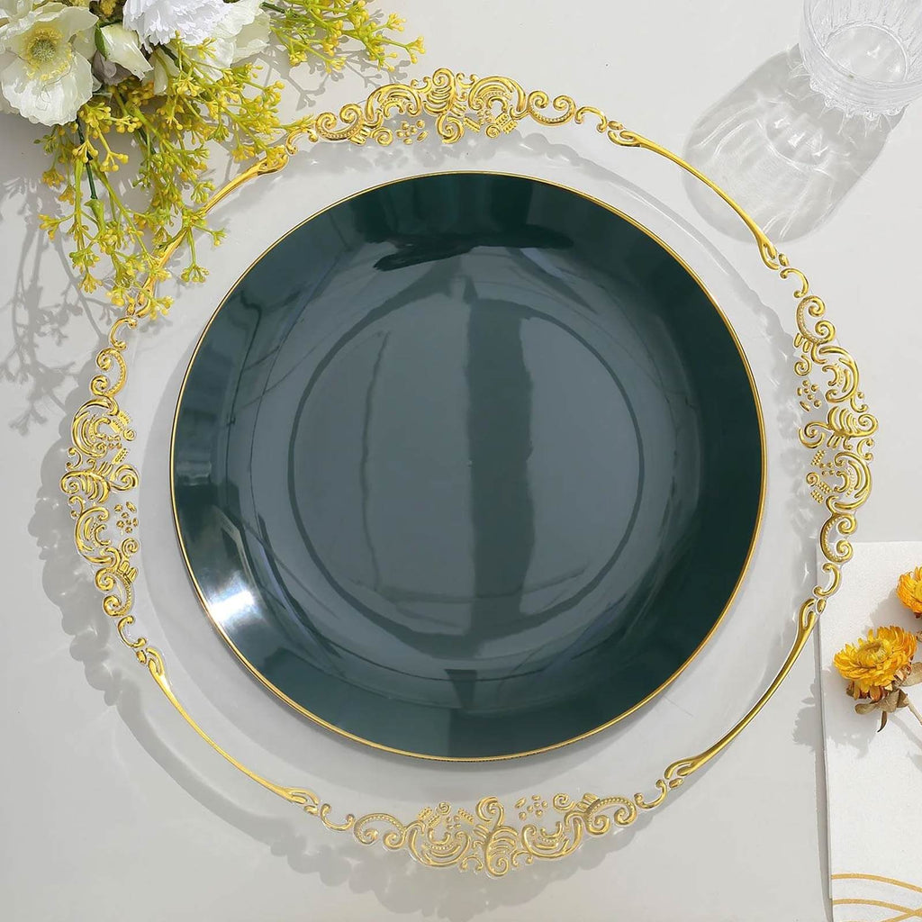 10-Pack Plastic 10" Round Dinner Plates in Hunter Emerald Green with Gold Rim - Glossy Disposable Party Plates