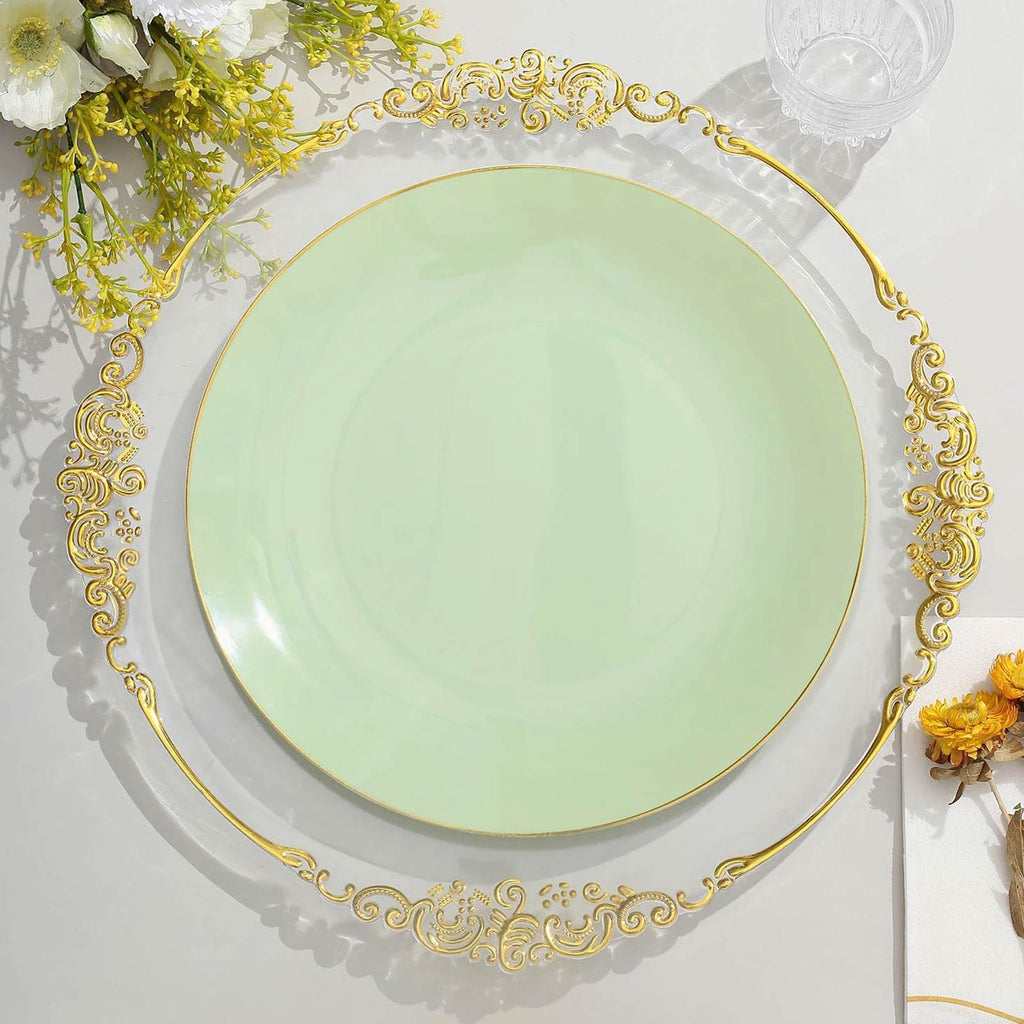 10-Pack Plastic 10" Round Dinner Plates in Sage Green with Gold Rim - Glossy Disposable Party Plates