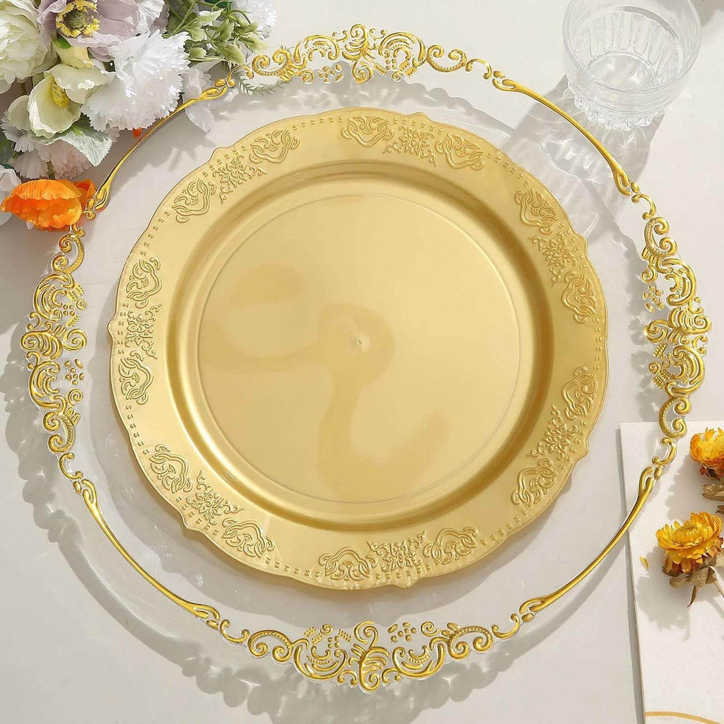 10-Pack Plastic 10" Round Dinner Plates Gold Embossed Scalloped Edge - Chic Disposable Party Plates for Special Occasions & Banquets