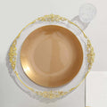 10-Pack Plastic 10" Round Dinner Plates in Gold with Gold Rim - Glossy Disposable Party Plates