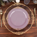 10-Pack Plastic 10" Round Dinner Plates in Lavender Lilac with Gold Leaf Embossed Rim - Disposable Vintage Baroque Style Plates