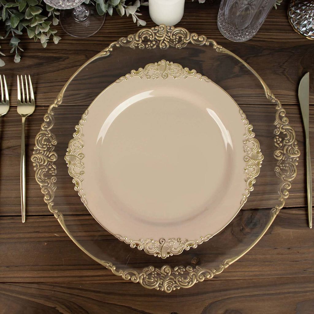 10-Pack Plastic 10" Round Dinner Plates in Taupe with Gold Leaf Embossed Rim - Disposable Vintage Baroque Style Plates