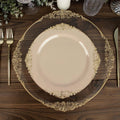 10-Pack Plastic 10" Round Dinner Plates in Taupe with Gold Leaf Embossed Rim - Disposable Vintage Baroque Style Plates