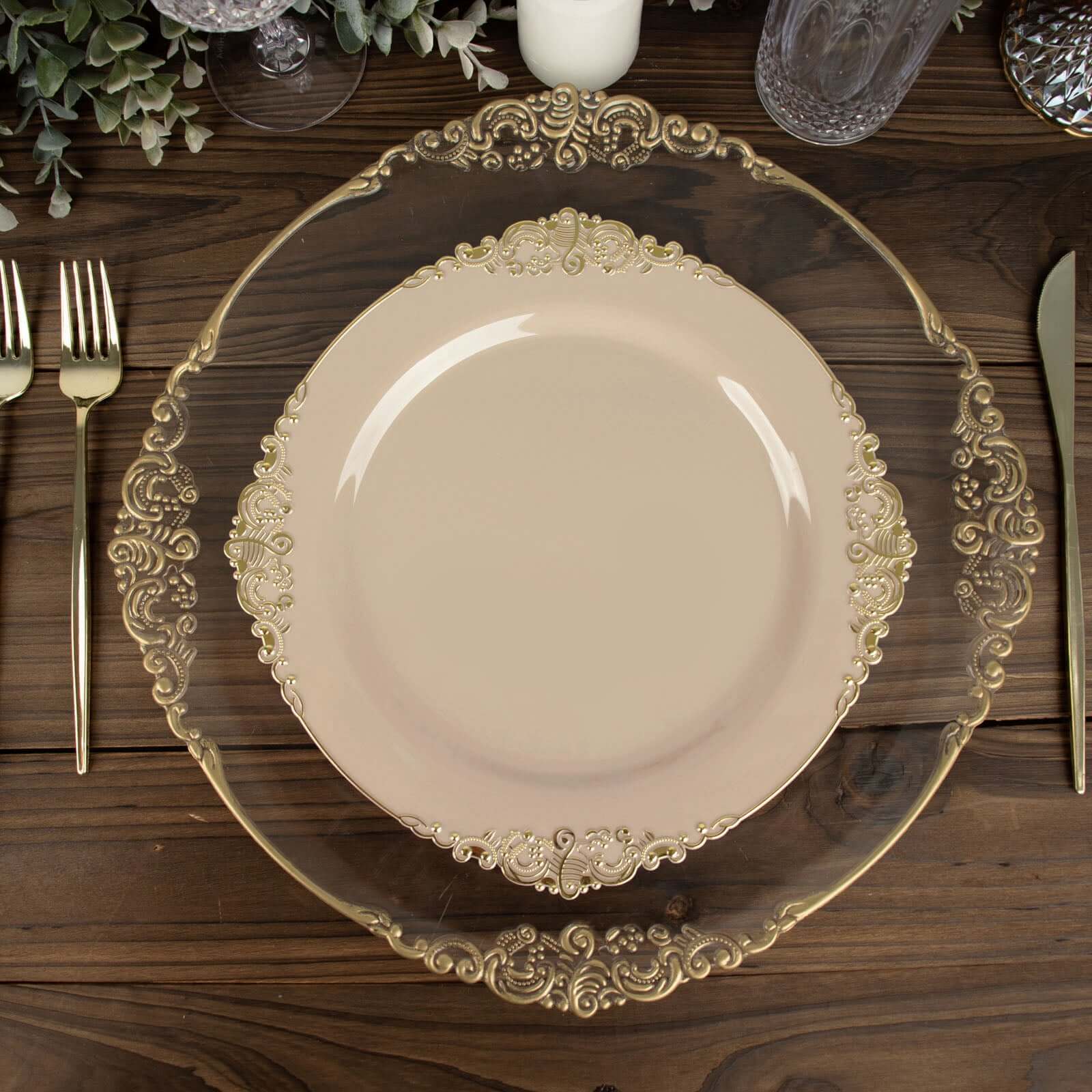 10-Pack Plastic 10" Round Dinner Plates in Taupe with Gold Leaf Embossed Rim - Disposable Vintage Baroque Style Plates