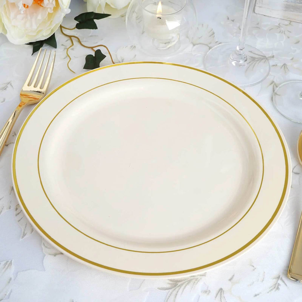 10-Pack Plastic Dinner Plates Ivory with TrÃ¨s Chic Gold Rim - Disposable Party Plates for Gatherings 10"