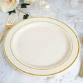 10-Pack Plastic Dinner Plates Ivory with TrÃ¨s Chic Gold Rim - Disposable Party Plates for Gatherings 10"