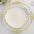 10-Pack Plastic 10" Round Dinner Plates in White with Gold Wave Brush Strokes Pattern - Disposable Party Plates for Modern & Classy Table Decor