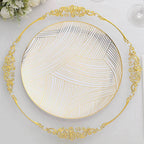 10-Pack Plastic 10" Round Dinner Plates in White with Gold Wave Brush Strokes Pattern - Disposable Party Plates for Modern & Classy Table Decor
