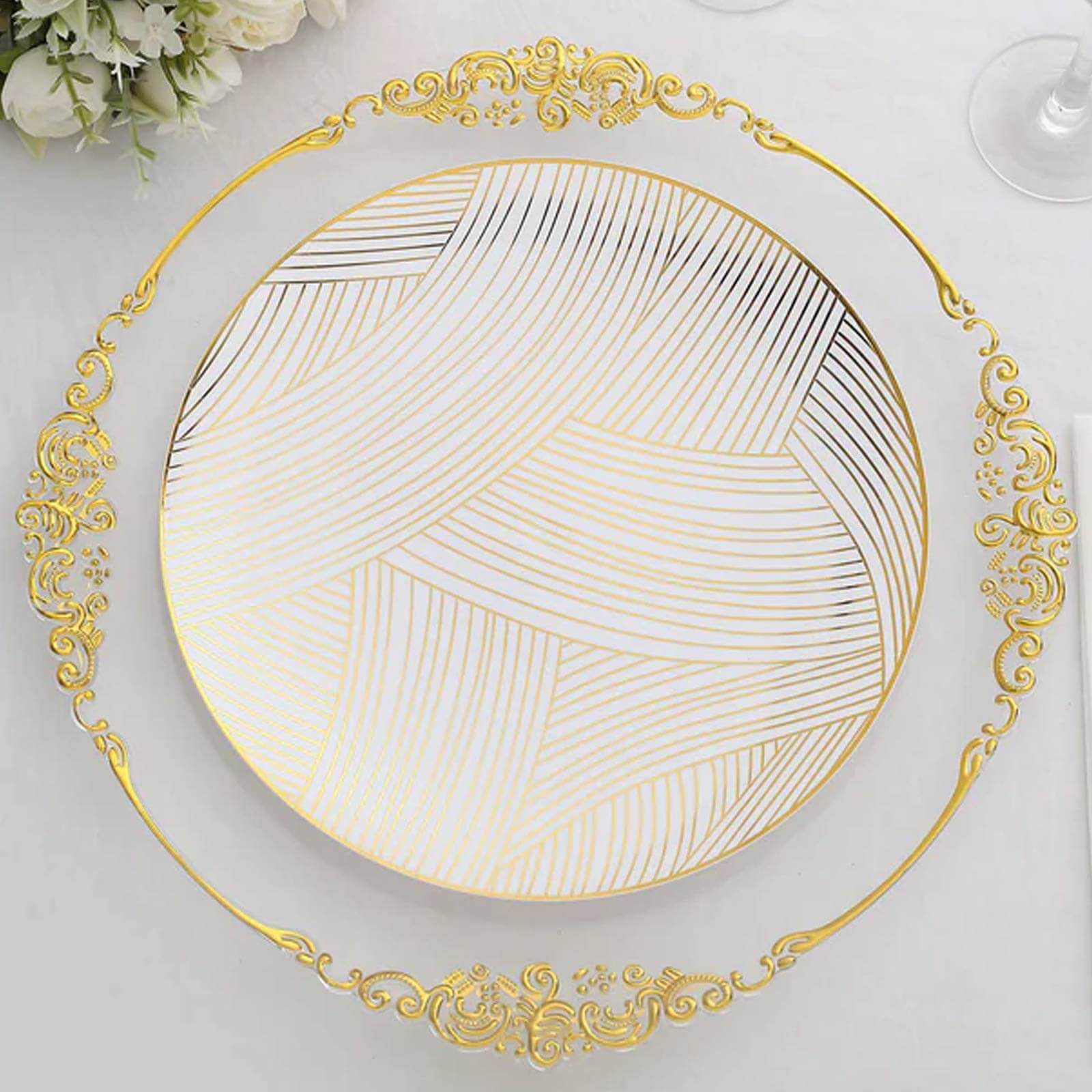 10-Pack Plastic 10" Round Dinner Plates in White with Gold Wave Brush Strokes Pattern - Disposable Party Plates for Modern & Classy Table Decor