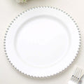 10-Pack Plastic 10" Round Dinner Plates in White with Silver Beaded Rim - Disposable Party Plates for Banquets & Festive Occasions