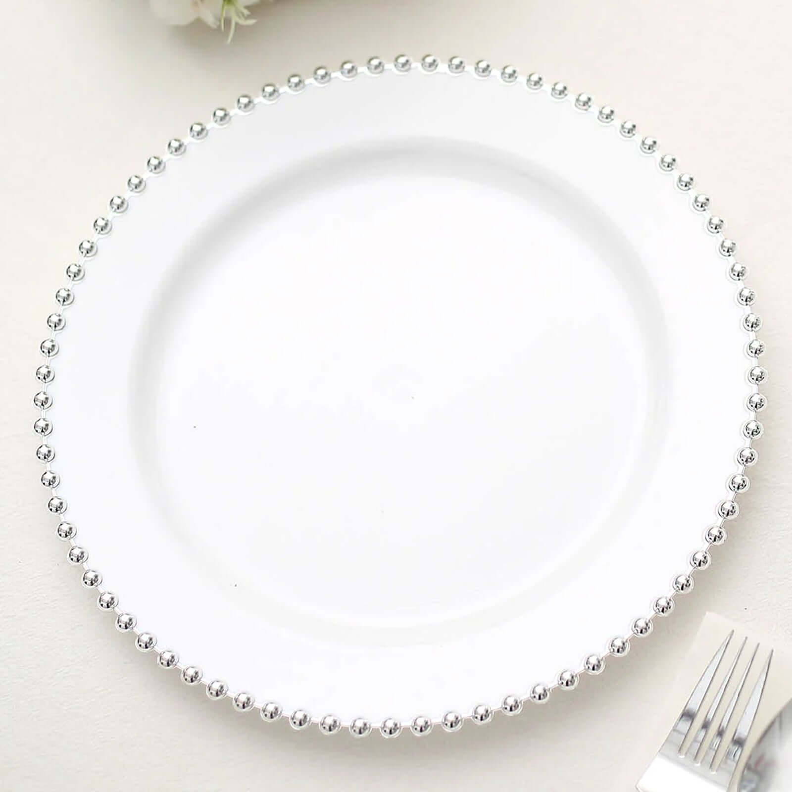 10-Pack Plastic 10" Round Dinner Plates in White with Silver Beaded Rim - Disposable Party Plates for Banquets & Festive Occasions