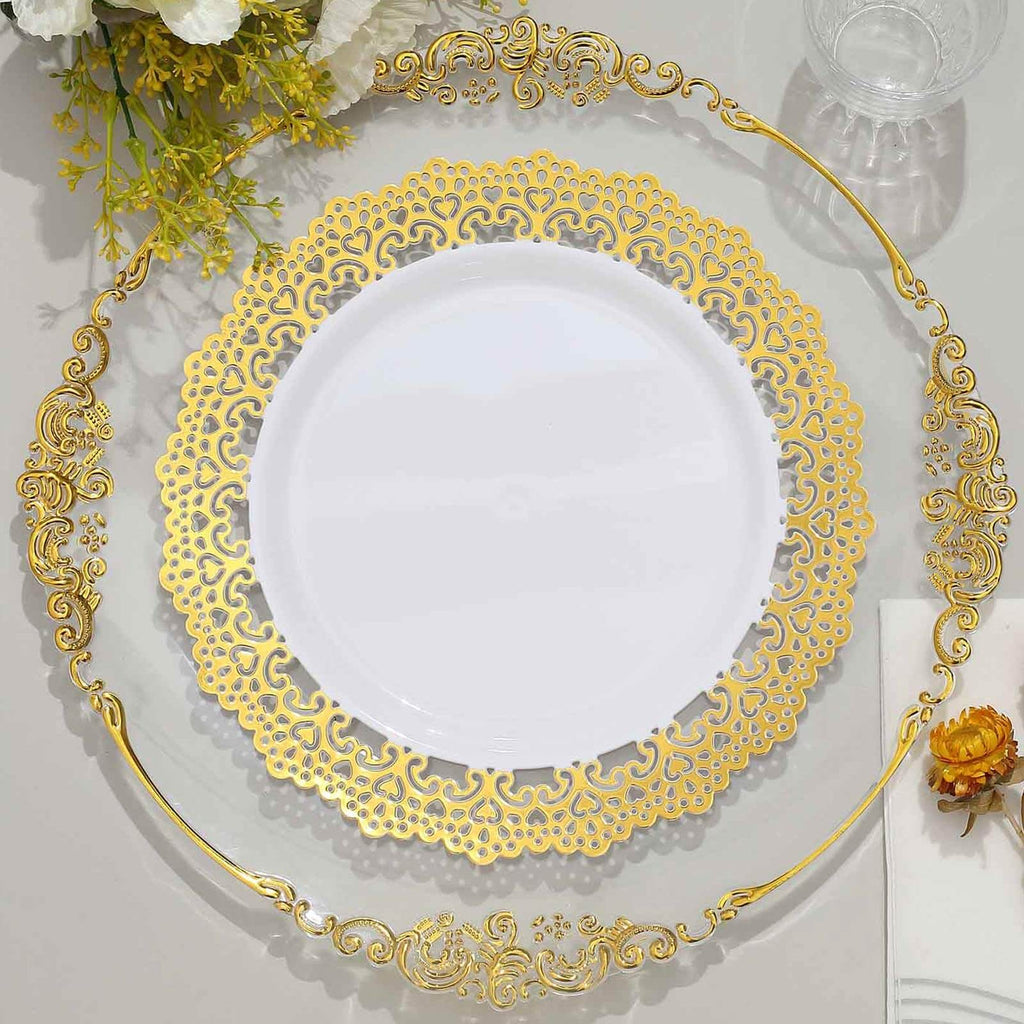 10-Pack Plastic 10" Round Dinner Plates in White with Gold Lace Rim - Disposable Party Plates for Classy Events & Banquets