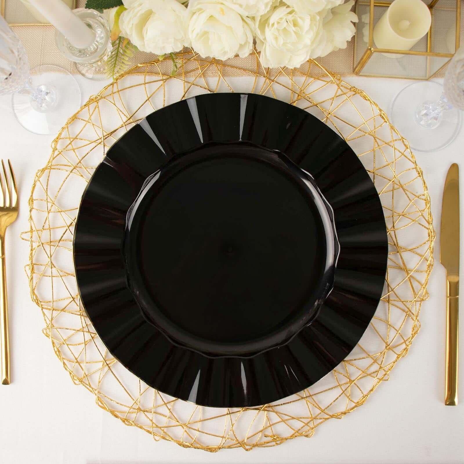 10-Pack Plastic 11" Round Dinner Plates in Black Ruffled Rim with Gold Edging - Sturdy Disposable Dinnerware
