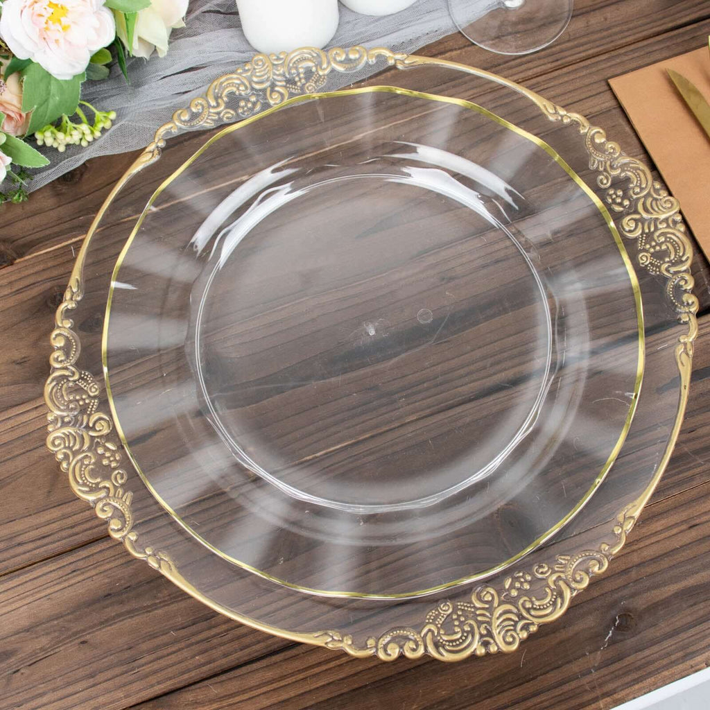 10-Pack Plastic 11" Round Dinner Plates in Clear Ruffled Rim with Gold Edging - Sturdy Disposable Dinnerware