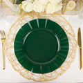10-Pack Plastic 11" Round Dinner Plates in Hunter Emerald Green Ruffled Rim with Gold Edging - Sturdy Disposable Dinnerware