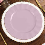 10-Pack Plastic 11" Round Dinner Plates in Lavender Lilac Ruffled Rim with Gold Edging - Sturdy Disposable Dinnerware