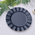 10-Pack Plastic 11" Round Dinner Plates in Navy Blue Ruffled Rim with Gold Edging - Sturdy Disposable Dinnerware