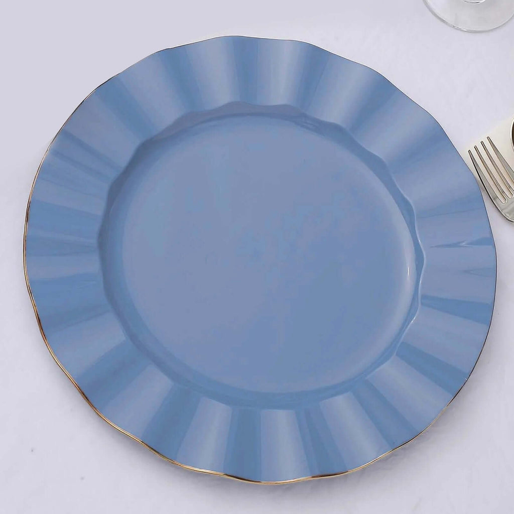 10-Pack Plastic 11" Round Dinner Plates in Ocean Blue Ruffled Rim with Gold Edging - Sturdy Disposable Dinnerware