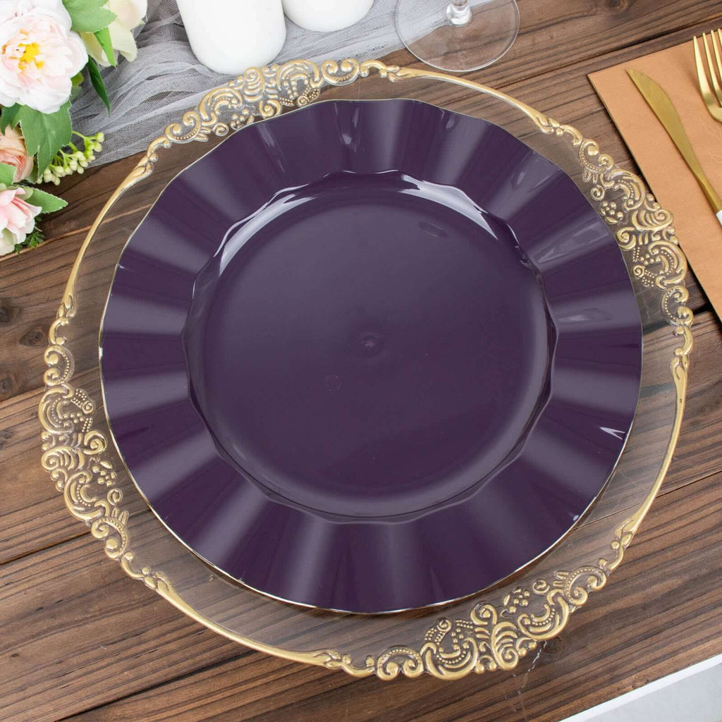 10-Pack Plastic 11" Round Dinner Plates in Purple Ruffled Rim with Gold Edging - Sturdy Disposable Dinnerware