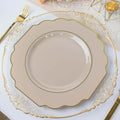 10-Pack Plastic Dinner Plates in Taupe Baroque Design with Scalloped Gold Rim - Heavy Duty Disposable Party Plates 11"