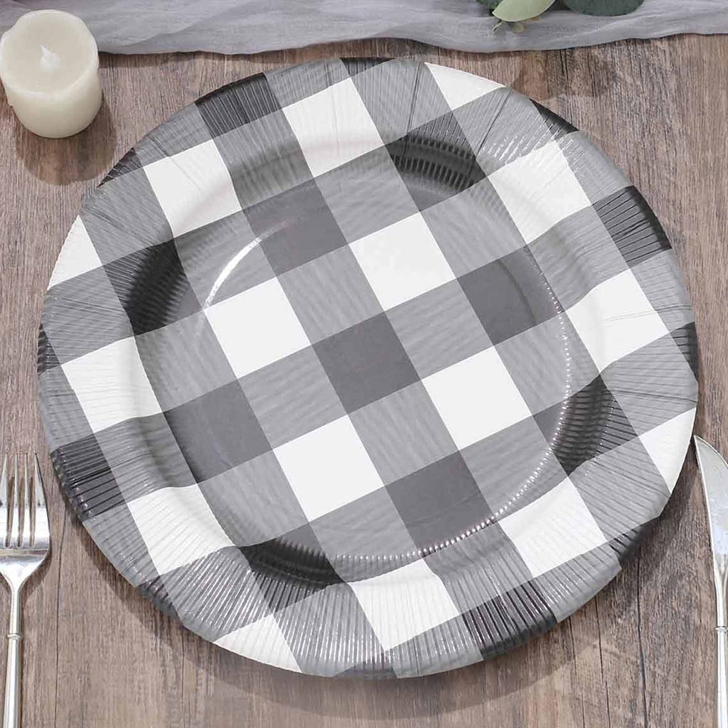 10-Pack Disposable Paper Charger Plates â€“ Black/White Buffalo Plaid 13" Round Table Chargers, 350 GSM Cardstock