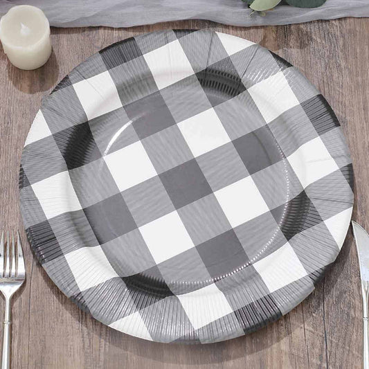 10-Pack Disposable Paper Charger Plates â€“ Black/White Buffalo Plaid 13" Round Table Chargers, 350 GSM Cardstock
