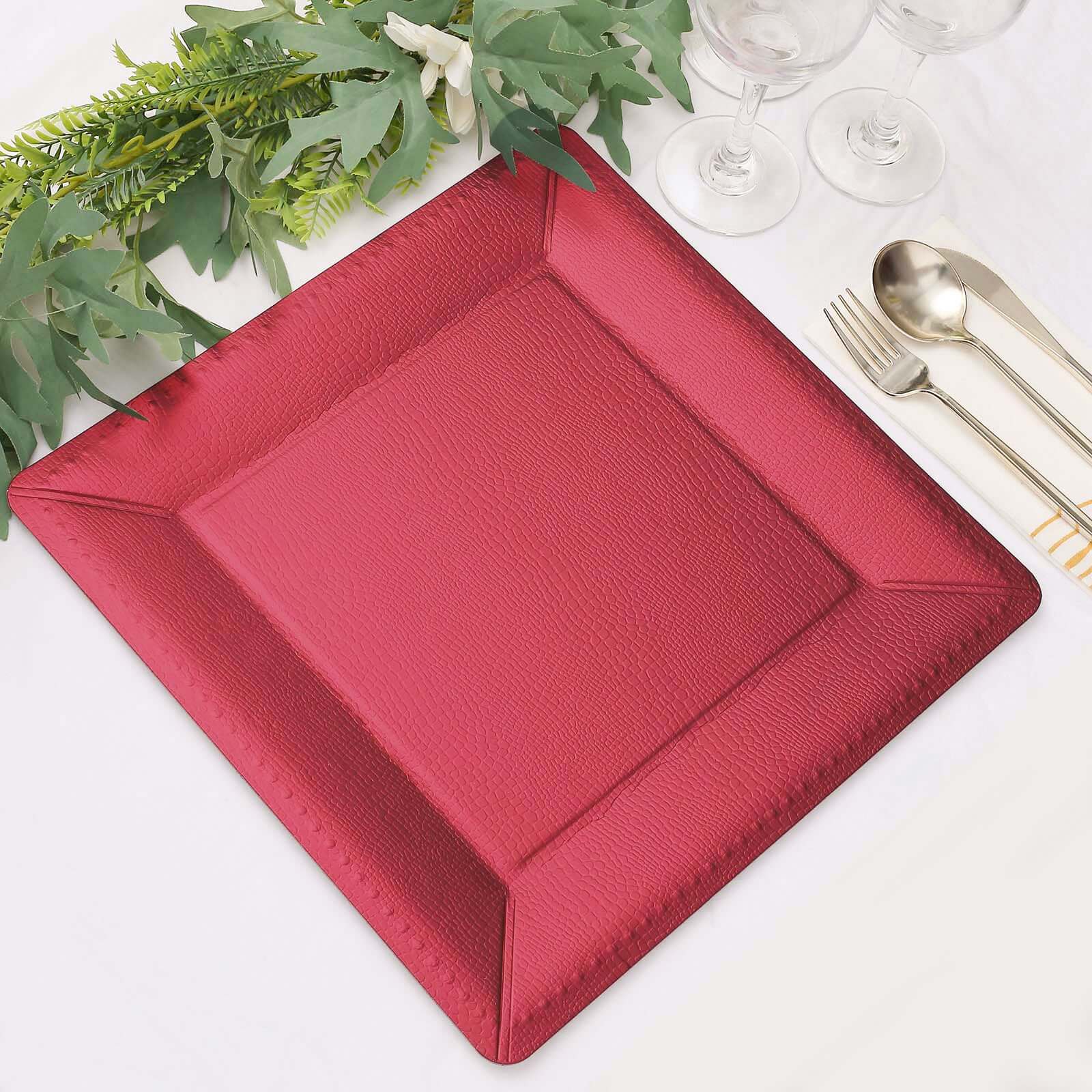 10-Pack Disposable Square Charger Plates in Burgundy with Leather Like Texture - 1100GSM Durable Paper Chargers 13"