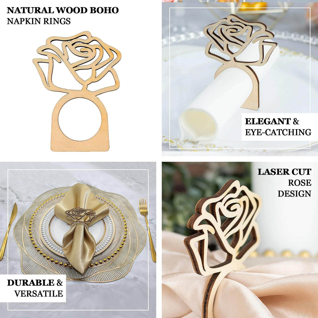 10 Pack 4" Natural Wood Laser Cut Rose Design Rustic Napkin Rings, Boho Farmhouse Napkin Holders - Bell Racket Store
