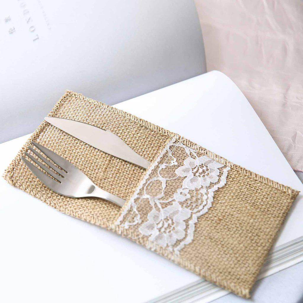 10 Pack 4"x8" Natural Burlap Lace Single Set Silverware Holder Pouch - Bell Racket Store