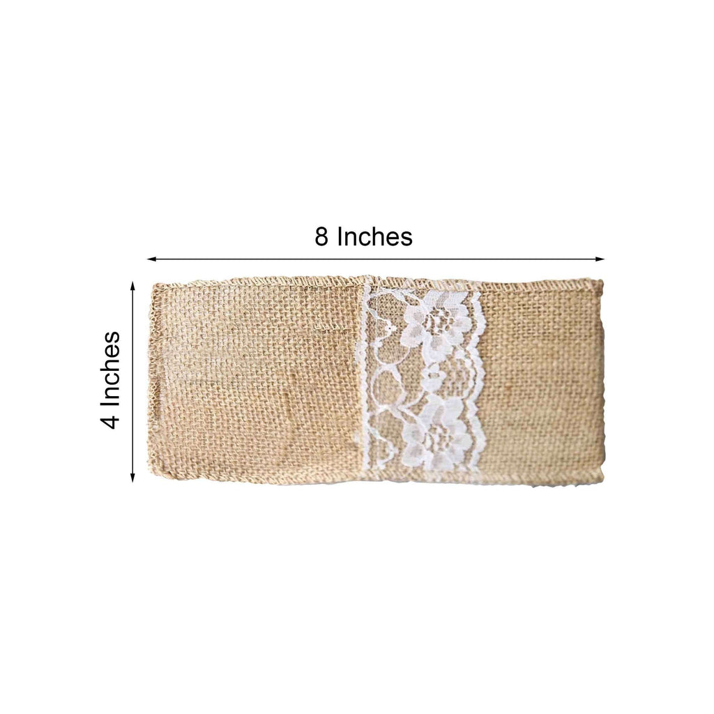 10 Pack 4"x8" Natural Burlap Lace Single Set Silverware Holder Pouch - Bell Racket Store