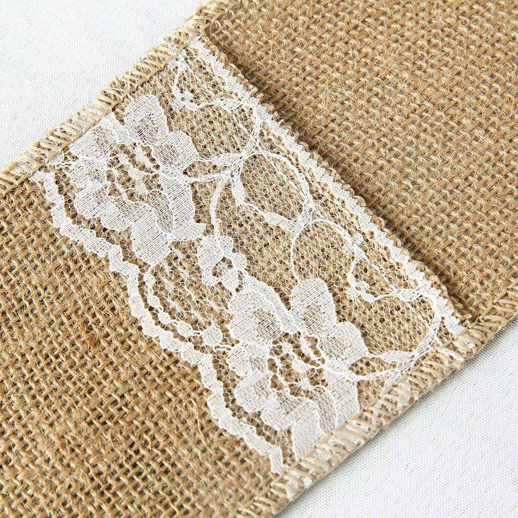 10 Pack 4"x8" Natural Burlap Lace Single Set Silverware Holder Pouch - Bell Racket Store