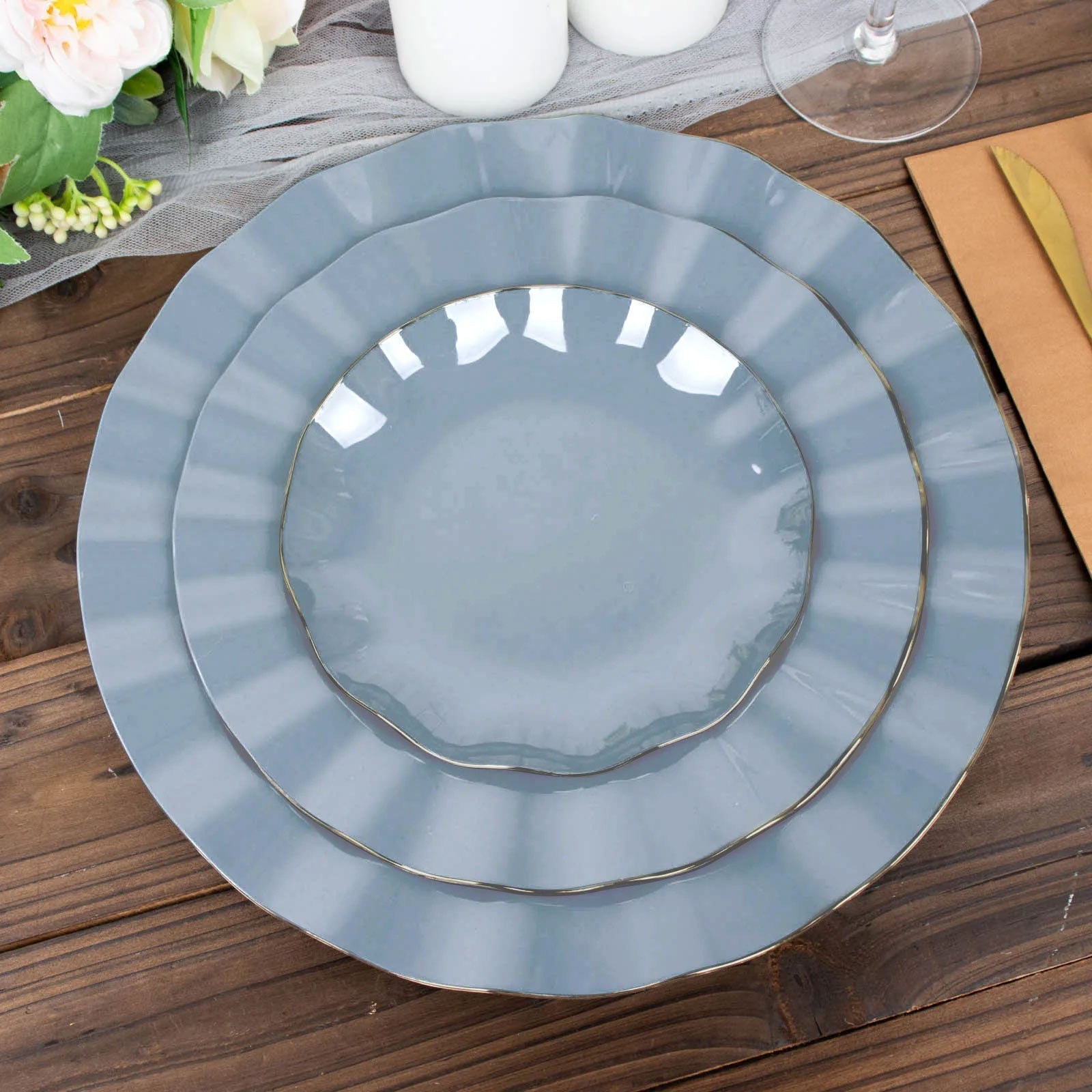 10-Pack Plastic Round 6" Dessert Plates in Dusty Blue Ruffled Rim with Gold Edging - Sturdy Disposable Salad Appetizer Dinnerware
