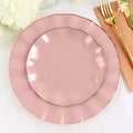 10-Pack Plastic Round 6" Dessert Plates in Dusty Rose Ruffled Rim with Gold Edging - Sturdy Disposable Salad Appetizer Dinnerware