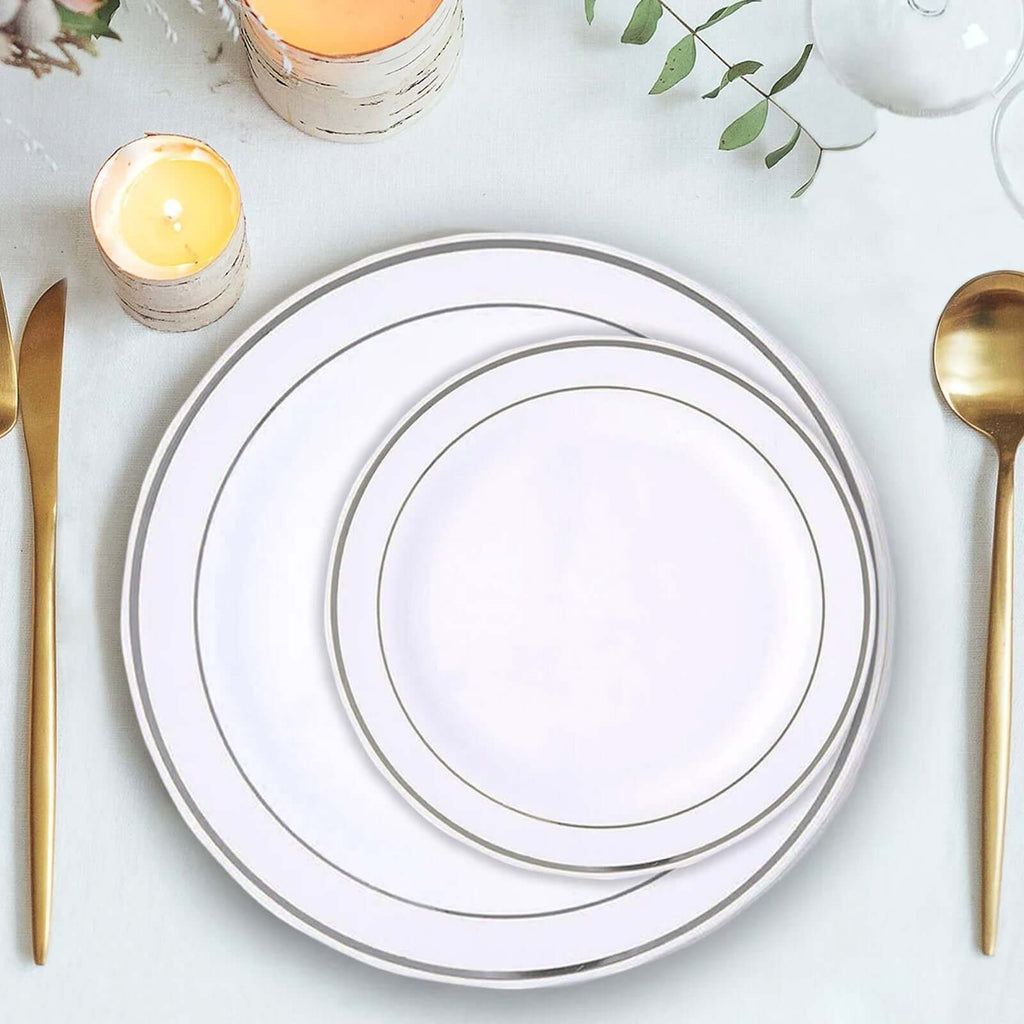 10-Pack Plastic Dessert Plates White with TrÃ¨s Chic Silver Rim - Disposable Plates for Appetizers 6"