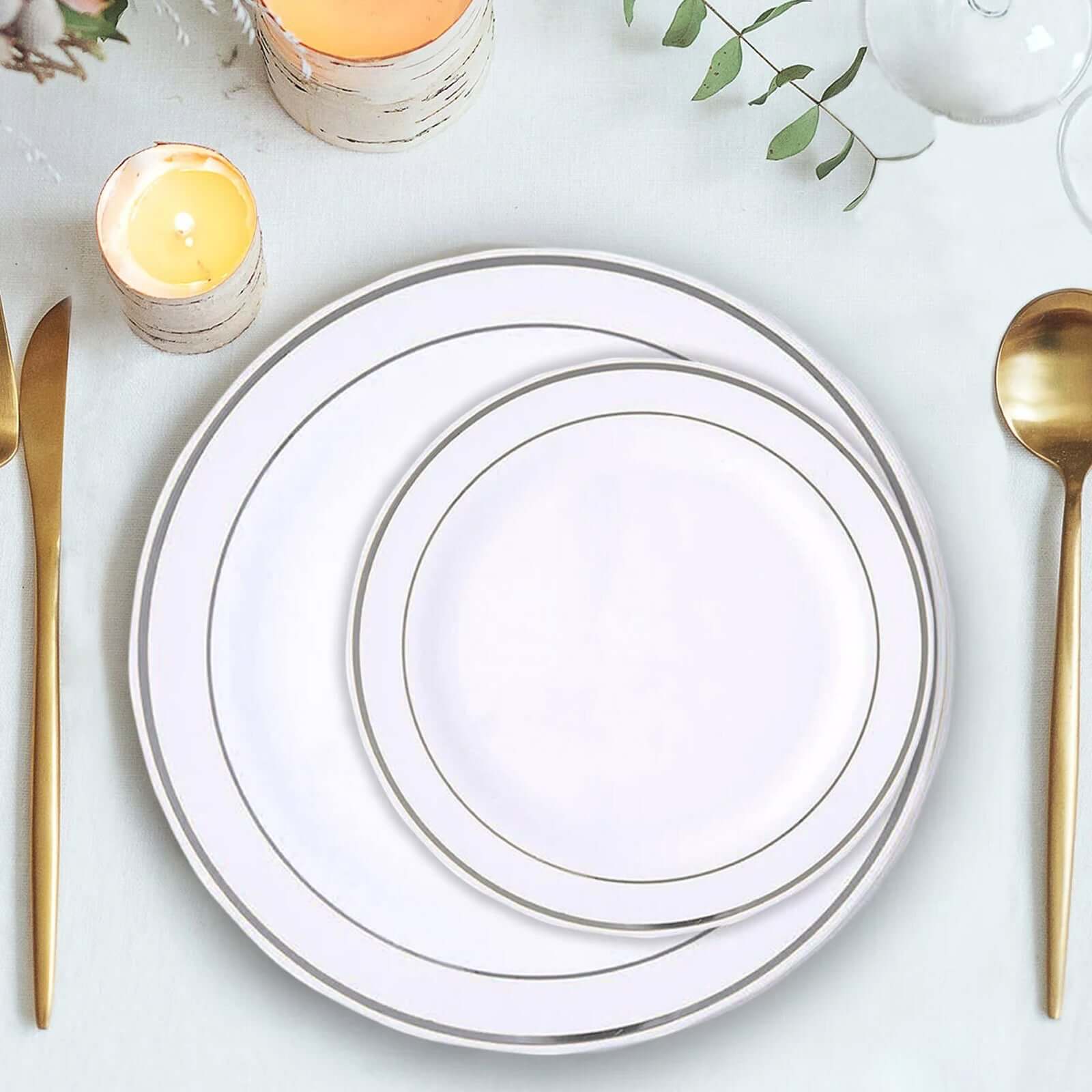 10-Pack Plastic Dessert Plates White with TrÃ¨s Chic Silver Rim - Disposable Plates for Appetizers 6"