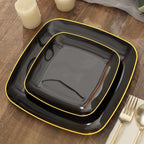 10-Pack Plastic 7" Square Dessert Plates in Black with Gold Rim - Classy Disposable Appetizer Salad Plates