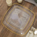 10-Pack Plastic 7" Square Dessert Plates in Clear with Gold Rim - Classy Disposable Appetizer Salad Plates