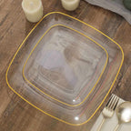 10-Pack Plastic 7" Square Dessert Plates in Clear with Gold Rim - Classy Disposable Appetizer Salad Plates