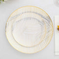 10-Pack Plastic 7" Round Dessert Plates in White with Gold Wave Brush Strokes Pattern - Disposable Appetizer Salad Plates for Modern & Classy Table Decor