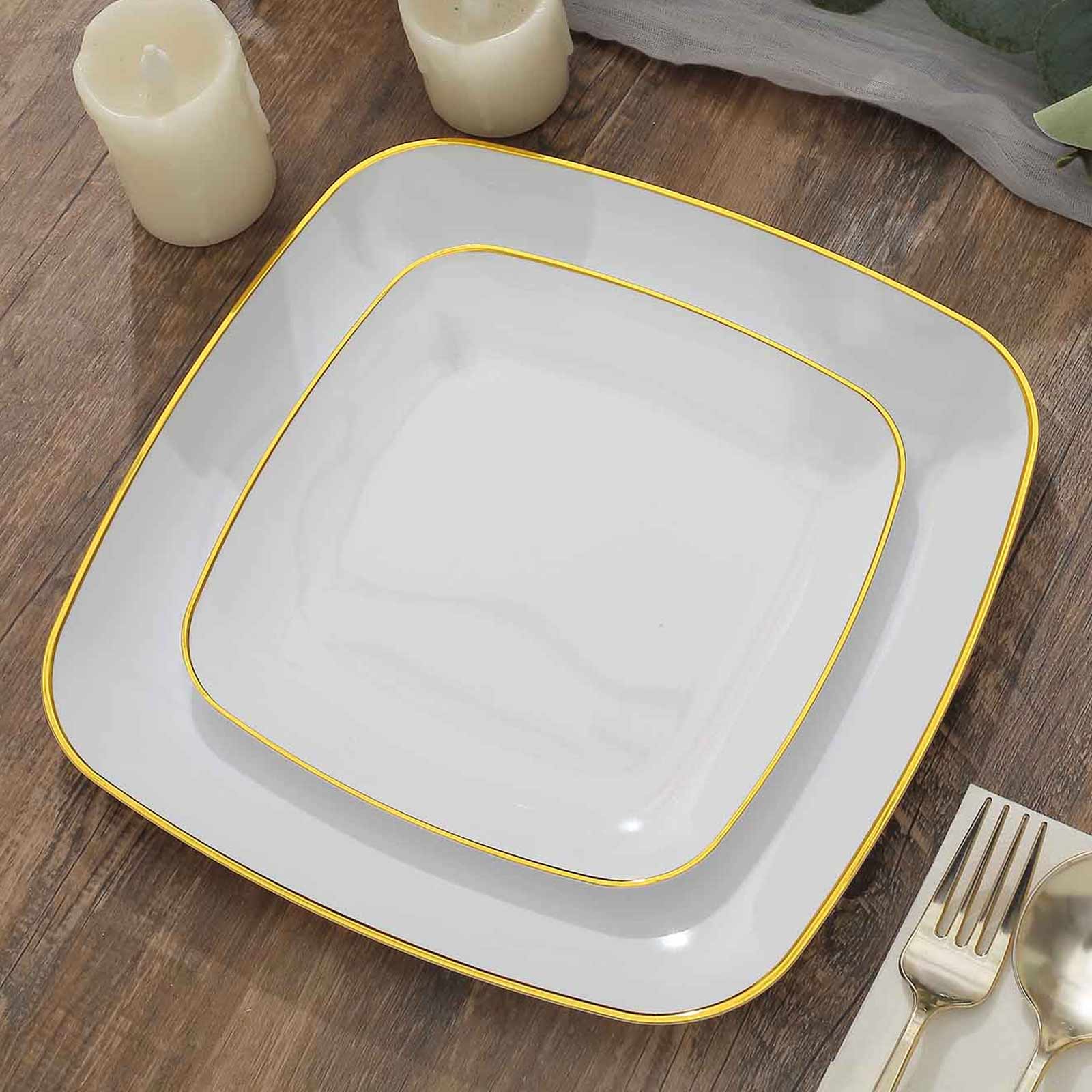 10-Pack Plastic 7" Square Dessert Plates in White with Gold Rim - Classy Disposable Appetizer Salad Plates for Weddings & Special Events