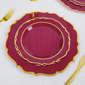 10-Pack Plastic 8" Round Dessert Plates in Burgundy with Gold Scalloped Rim - Disposable Appetizer/Salad Plates